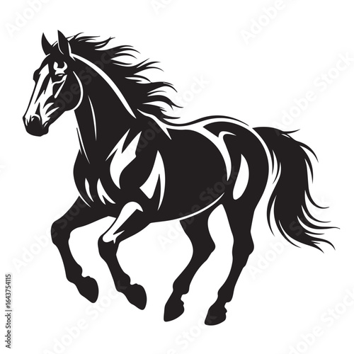Black horse galloping with flowing mane and tail isolated on white background