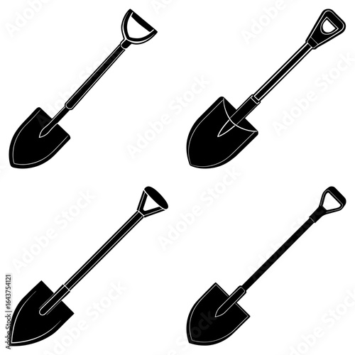 Four black shovels with d shaped handles and spade shaped blades on a white background in a pattern