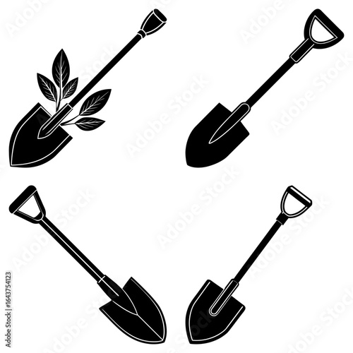 Four shovels in black and white with one shovel having leaves growing out of the shovel blade area