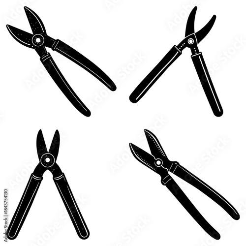 Collection of four different styles of garden shears and pruning shears in a black and white design
