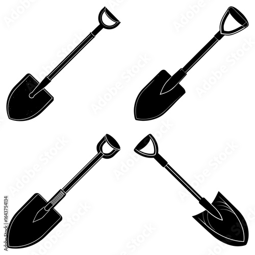 Illustration of four black shovels with d handles arranged on a white background surface view