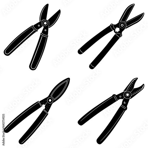 Four black silhouettes of different garden shears arranged on a white background in a square format