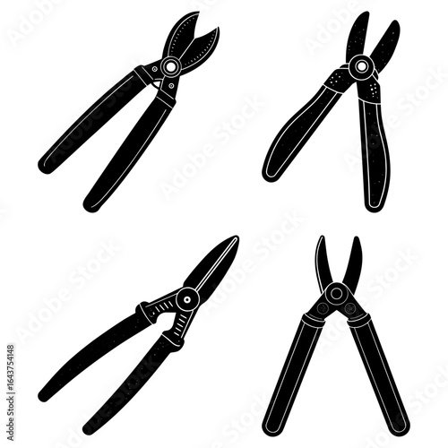 A collection of four black and white illustrations of pruning shears in various open positions