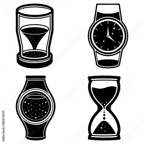 Illustration of four timekeeping devices including hourglasses and wrist watches in black and white