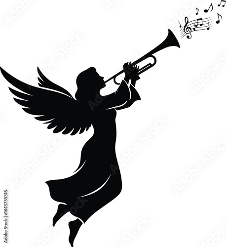 Silhouette of an angel playing the trumpet isolated on white background
