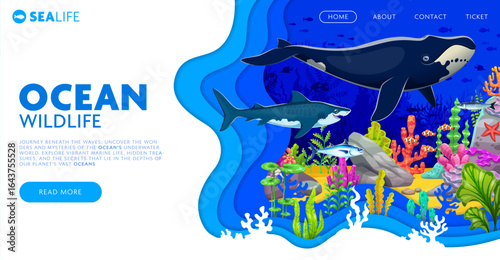 Paper cut landing page with sea animals in underwater landscape, vector template. Ocean undersea or sea underwater landing page or webpage template with cartoon shark, orca and tropical fishes