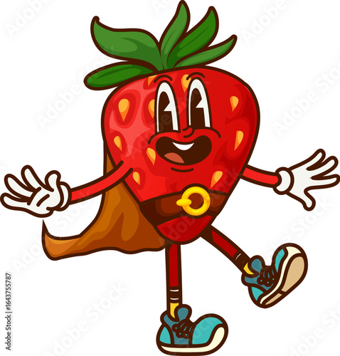 Groovy strawberry berry pirate and corsair character wears a flowing cape, retro sneakers, and waves confidently, symbolizing swashbuckler strength, positivity with a playful and dynamic y2k sea vibe