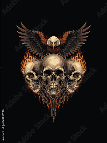 Vector illustration of an eagle’s wings guarding a fiery iron skull design for a t-shirt.