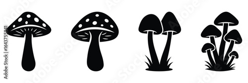 Mushrooms silhouettes set isolated flat vector illustration. Mushrooms silhouette in black. Mushroom and toadstool collection. Set of mushrooms silhouettes. Mushrooms with grass silhouette