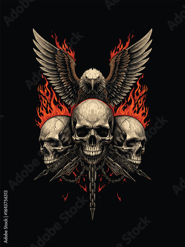 Vector illustration of an eagle’s wings guarding a fiery iron skull design for a t-shirt.