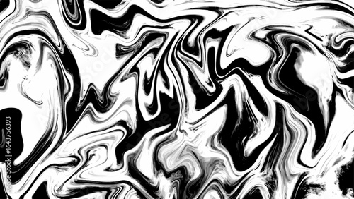Abstract monochrome digital artwork with swirling black and white liquid marble textures. Fluid patterns create a sense of motion and chaos, resembling paint poured and swirled.