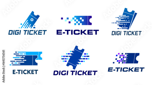Digital e tickets icons, online coupons and mobile vouchers vector symbols with blue pixel distortion pattern. Movie or cinema theater pass, plane, bus or train detachable digital electronic e tickets