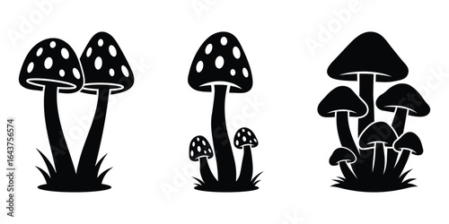 Set of mushroom silhouette icon. Mushroom black silhouette set, Mushroom collection vector, forest mushrooms silhouette vector, stylized mushroom shapes in minimal black design.