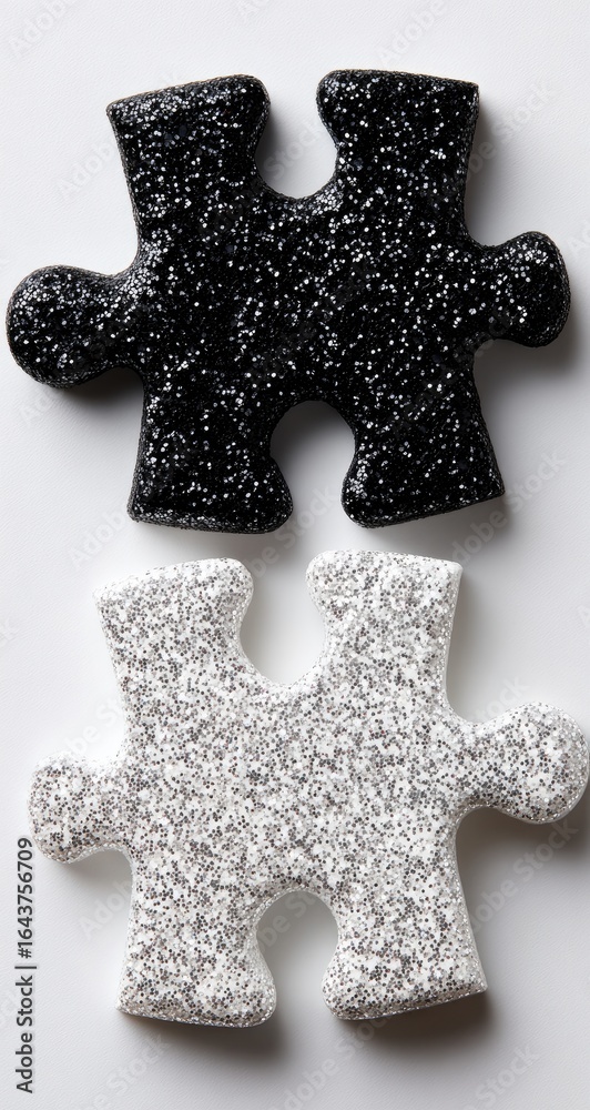 Fototapeta premium Two contrasting puzzle pieces, black and white, on a plain background