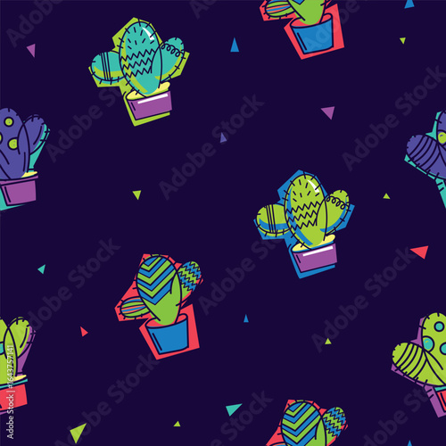 Seamless pattern with colorful neon cacti in geometric pots on dark background, scattered triangles. Playful pop art style design for trendy apparel, textile, and decor.