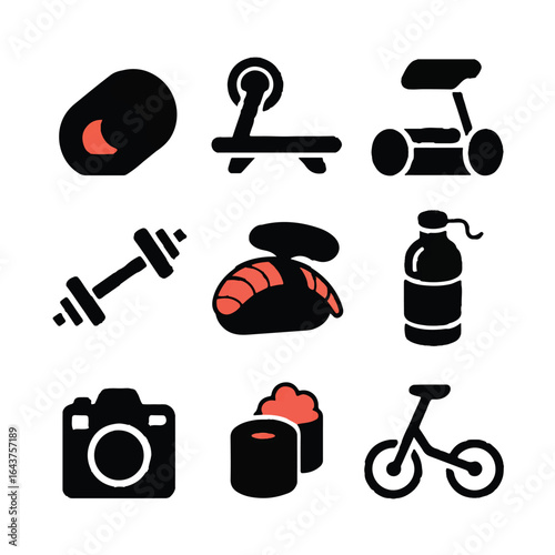 Collection of modern icons representing sushi, gym equipment, scooter, dumbbell, water bottle, camera, and bicycle isolated on white background
