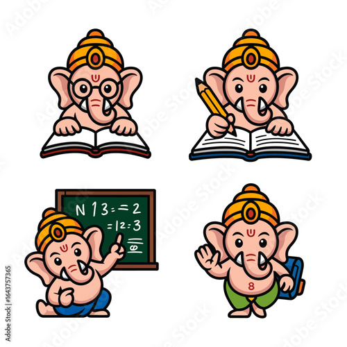 Four cute ganapati cartoon figures in school activities perfect for educational materials, childrens books, and hindu festival illustrations.