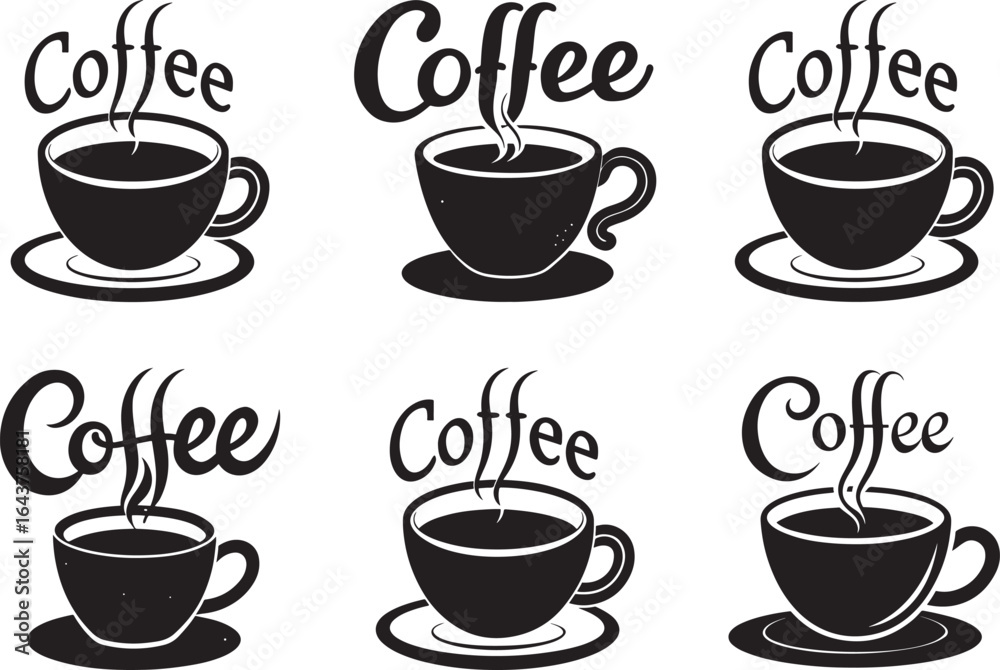 Obraz premium Six Illustrations of Coffee Cups with Steam and Lettering