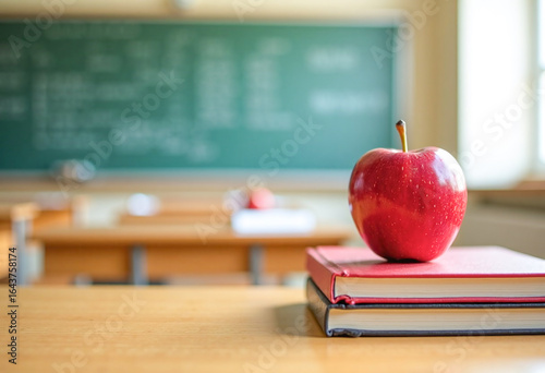 Textbooks and red apple lying on wooden school desk against university classroom background, layout with space for text, concept of school, education, return to school supplies. 