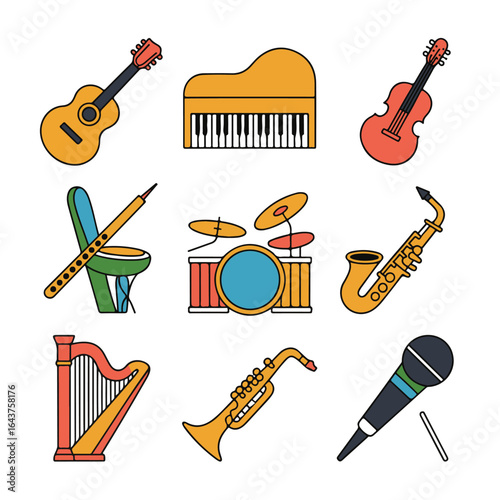 Collection of musical instruments including guitar, violin, piano, saxophone, harp, drums, and microphone, isolated on white background