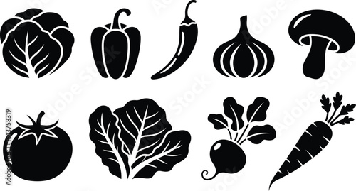 Fresh garden vegetables silhouette icons for healthy eating and cooking designs