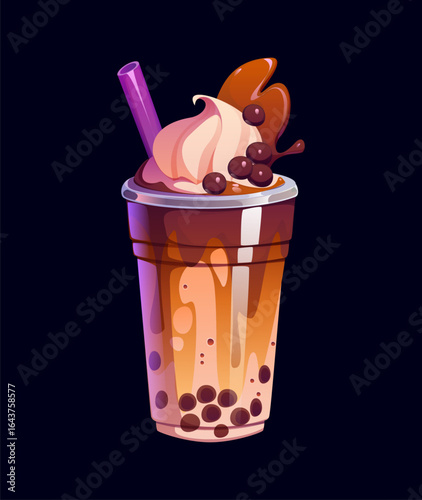 Milk bubble tea with cream, sweet caramel splash and drinking straw in glass, cartoon vector. Milk bubble tea glass or sweet milkshake drink and beverage dessert with boba pearls with caramel toffee