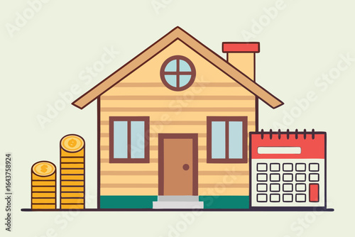 House with stacks of coins and calendar, representing real estate investment home