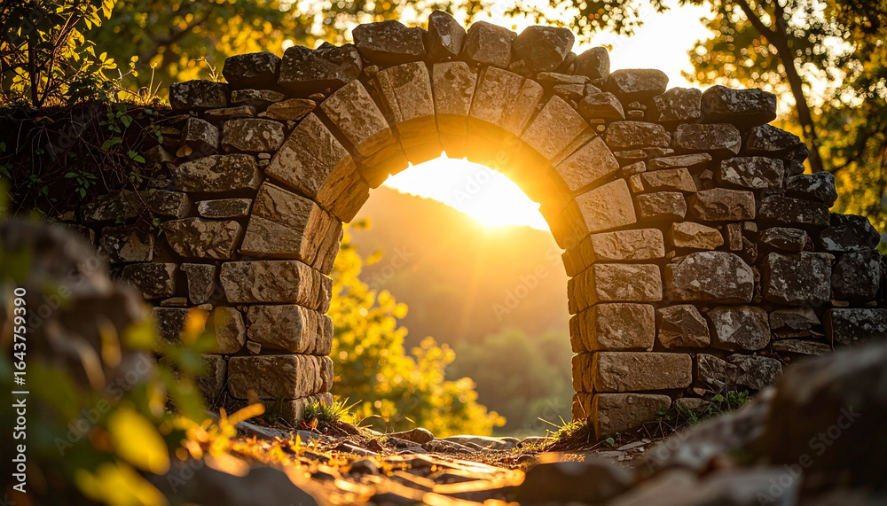Obraz premium Ancient stone archway glowing in sunset light. Mystical stone ruins. Weathered stone arch.
