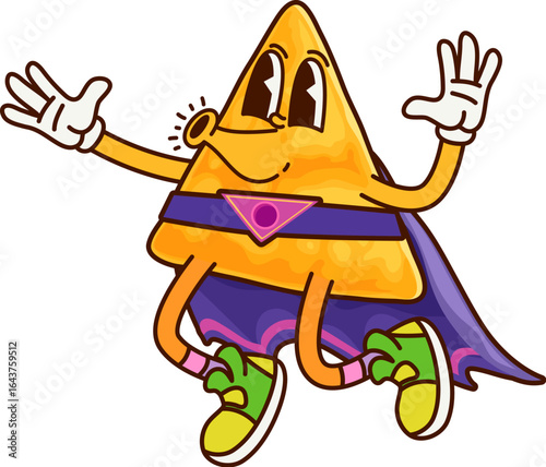 Cartoon groovy Mexican nacho chip fast food superhero character. Mexico fast food snack groovy isolated vector defender personage, funny Y2K mascot. Nacho chip superhero in cape happy character