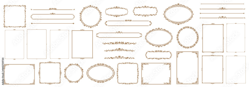 Ornament decor frame and border, antique vintage royal floral pattern. Vector set of elegant, ornamental, gold decorative retro decoration for classic invitations, certificates, menus, or photo frames