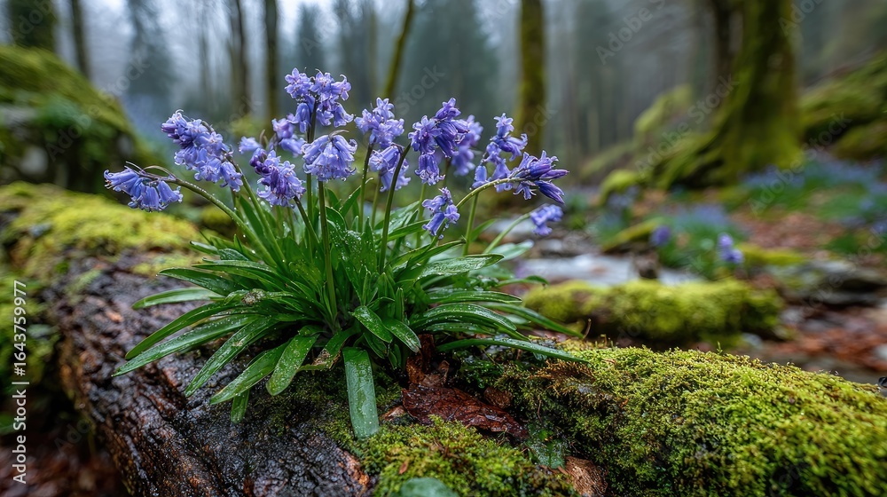 Obraz premium Purple wildflowers on mossy forest log