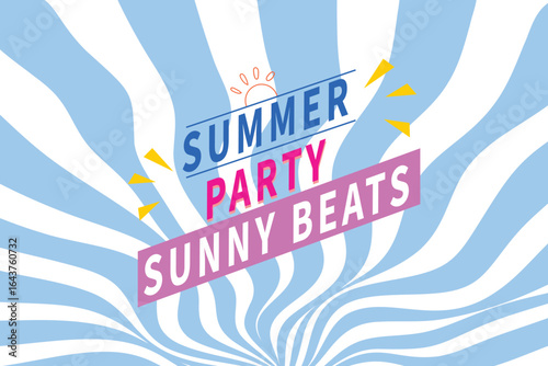 Sunny beats summer party banner, blue-white stripes, radiant yellow accents, retro sun, upbeat music, festival vector