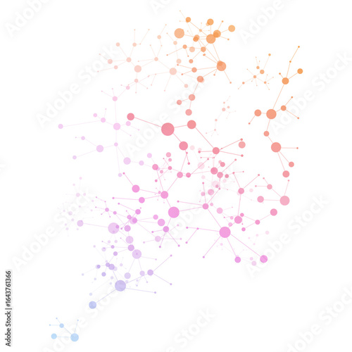 Abstract molecular network structure with gradient nodes and connecting lines in blue and purple tones, ideal for science, tech, or data-related designs.