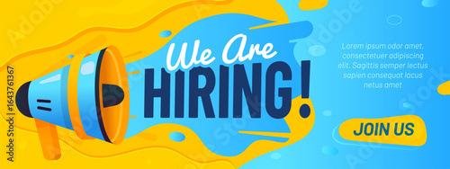 We are hiring banner. Hire offer, join to our team announcement with megaphone. Vector job advertisement, recruitment promotion or social media hiring campaign to attract potential candidates
