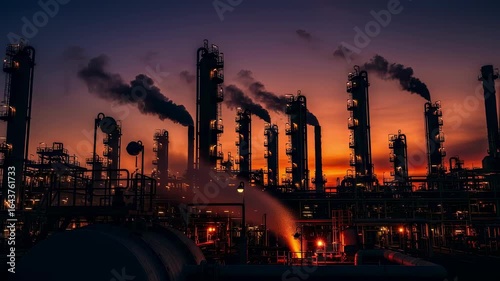 Complex network of reactors and heat exchangers silhouetted against fiery horizon in oil refining facility.