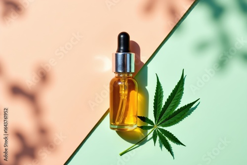 CBD Oil Dropper Bottle with Cannabis Leaf on Colorful Background