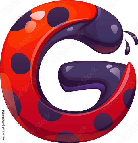 Ladybug cartoon font letter G. Red ladybug beetle kids ABC typeset symbol, cute lady bug cartoon vector type letter. Garden ladybird typeface element or English alphabet font sign