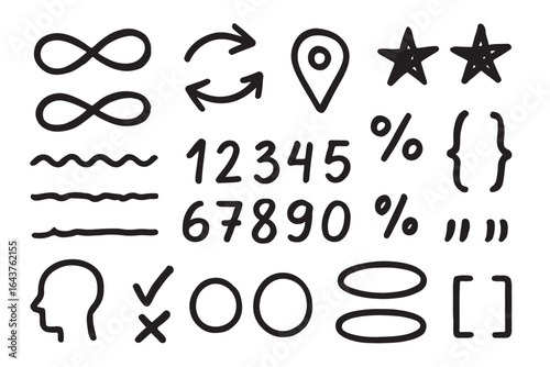 Collection of informal hand drawn black doodles and shapes