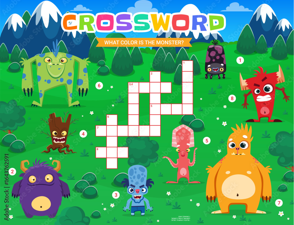 Fototapeta premium Crossword quiz grid with funny monster characters. Vector educational puzzle worksheet for kids, what color is the monster quiz with eerie creatures on nature landscape. Cross word riddle activity