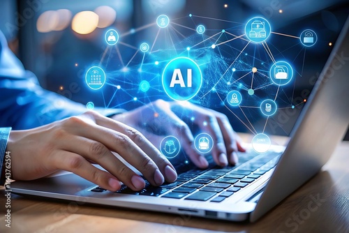 Hands typing on laptop with glowing ai network and digital icons