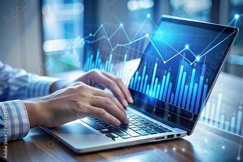 Hands typing on laptop displaying stock market data and analytics