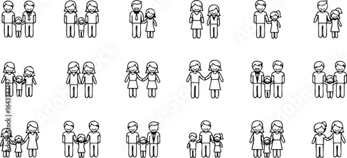 Illustration showing various family structures and relationships in simple black and white line art style
