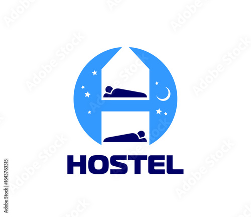 Hostel hotel icon, vector emblem with two sleeping people on bunk beds inside house shape. Night sky with stars and moon in blue circle background. Minimal label for accommodation or travel service