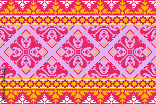 Traditional cross stitch needlework Geometric ethnic pattern . pixel horizontal Seamless vector Native ethnic pattern cross stitch border fabric clothing textile knitwear print texture	