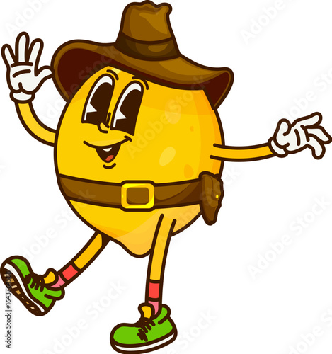 Cartoon groovy lemon cowboy or fruit sheriff and Western bandit, vector character. Groovy lemon fruit as Wild West cowboy in sombrero with sheriff gun in bandoleer, funky Western ranger character