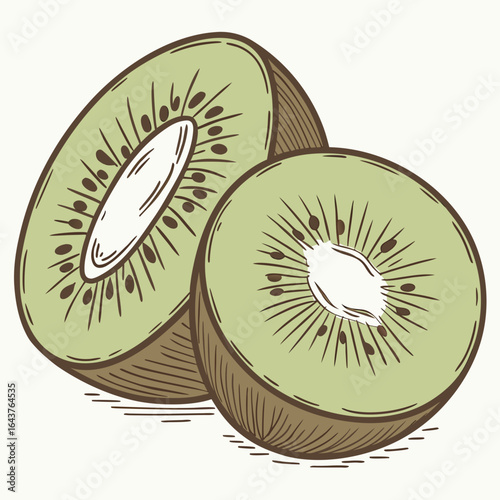 Illustration of two cut kiwis with brown outlining and shadows on light background