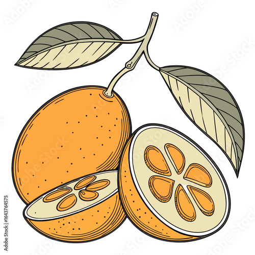 Hand Drawn Kumquat Illustration with Leaves and Cross Sectional View