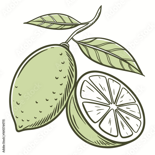Hand drawn lime and slice with leaves still attached to branch
