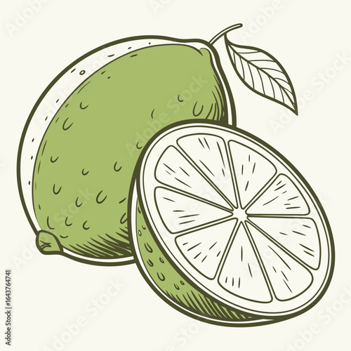 Stylized Drawing of Limes with a Leaf and Cross Section Illustration