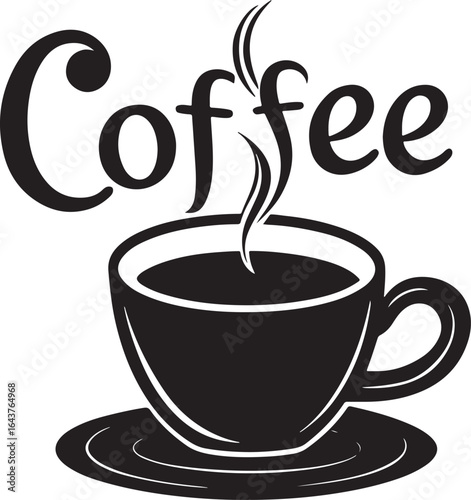 Coffee cup and saucer accompanied by the word Coffee text